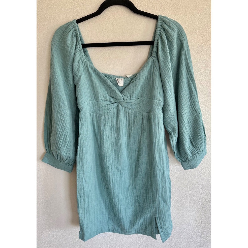 Roxy Junior's V-Neck Peasant Babydoll Mini Dress Size S Mineral Blue Beach